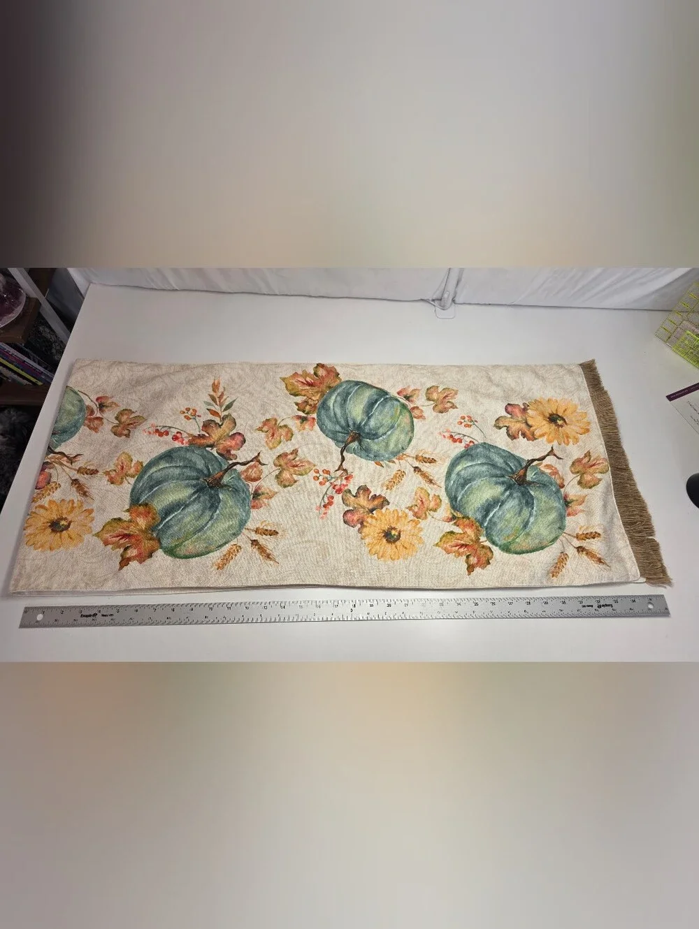 Nicole Miller Teal and Cream Pumpkin Floral Tablw Runner